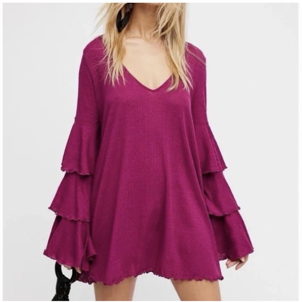Free People Beach Magenta Size S Seashore Mini Dress Bell‎ Sleeves Boho Hippie